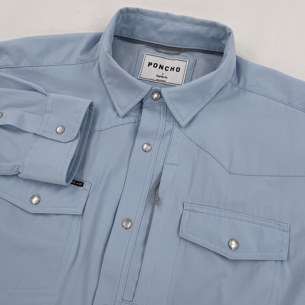 Poncho Button Down Shirt Mens L Blue Long Sleeve Vented Pearl Snap Outdoor